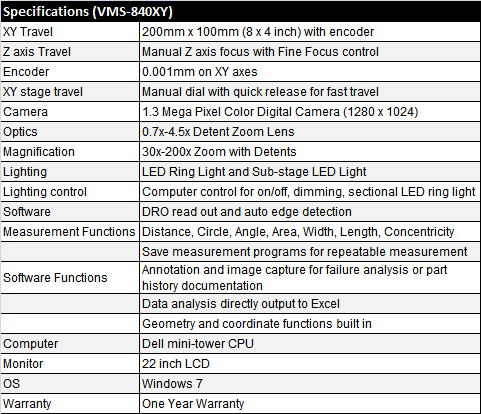 VMS-840XY specifications